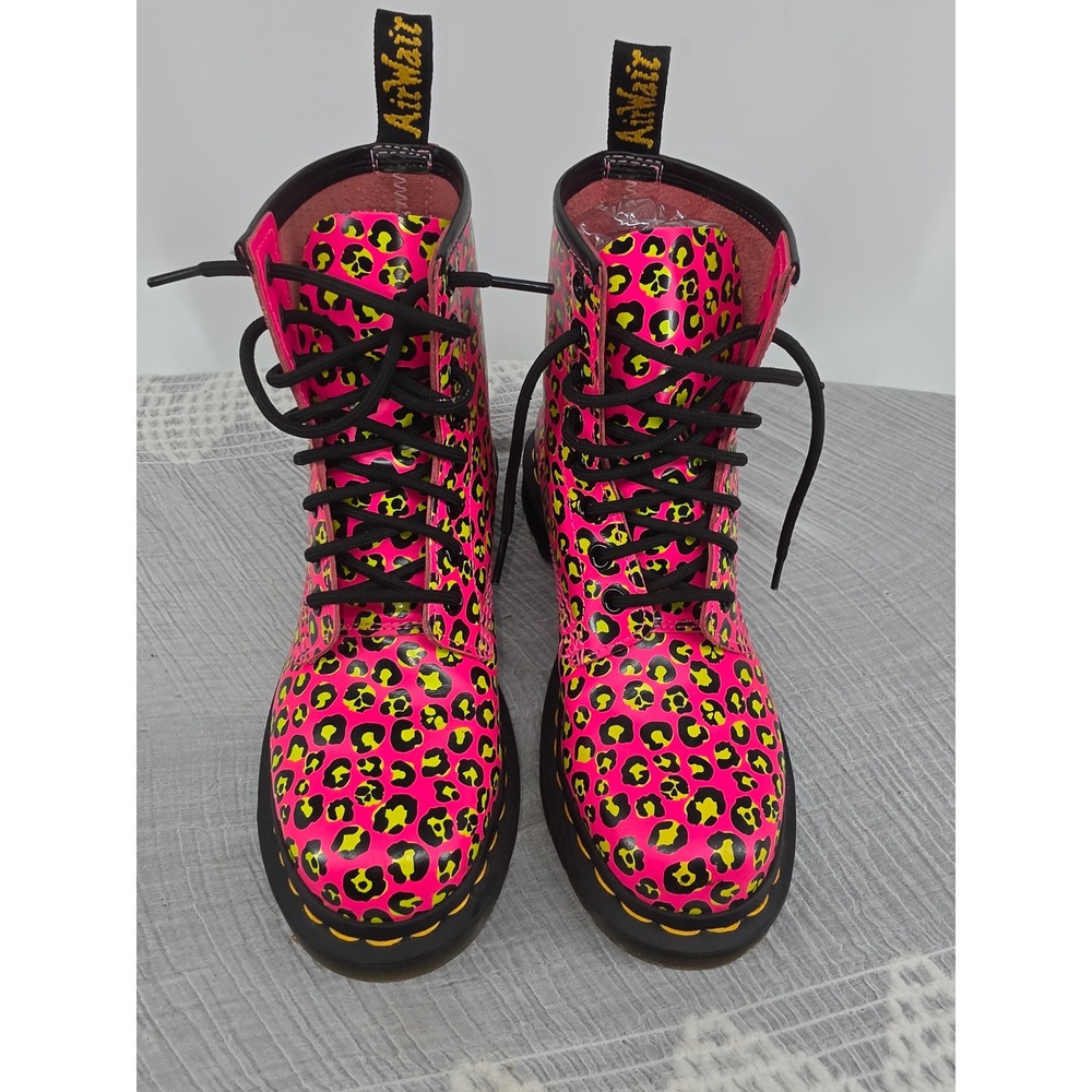 Dr Martens 1460 Neon Pink Yellow Leopard Patent Leather Boots Womens 5 27652